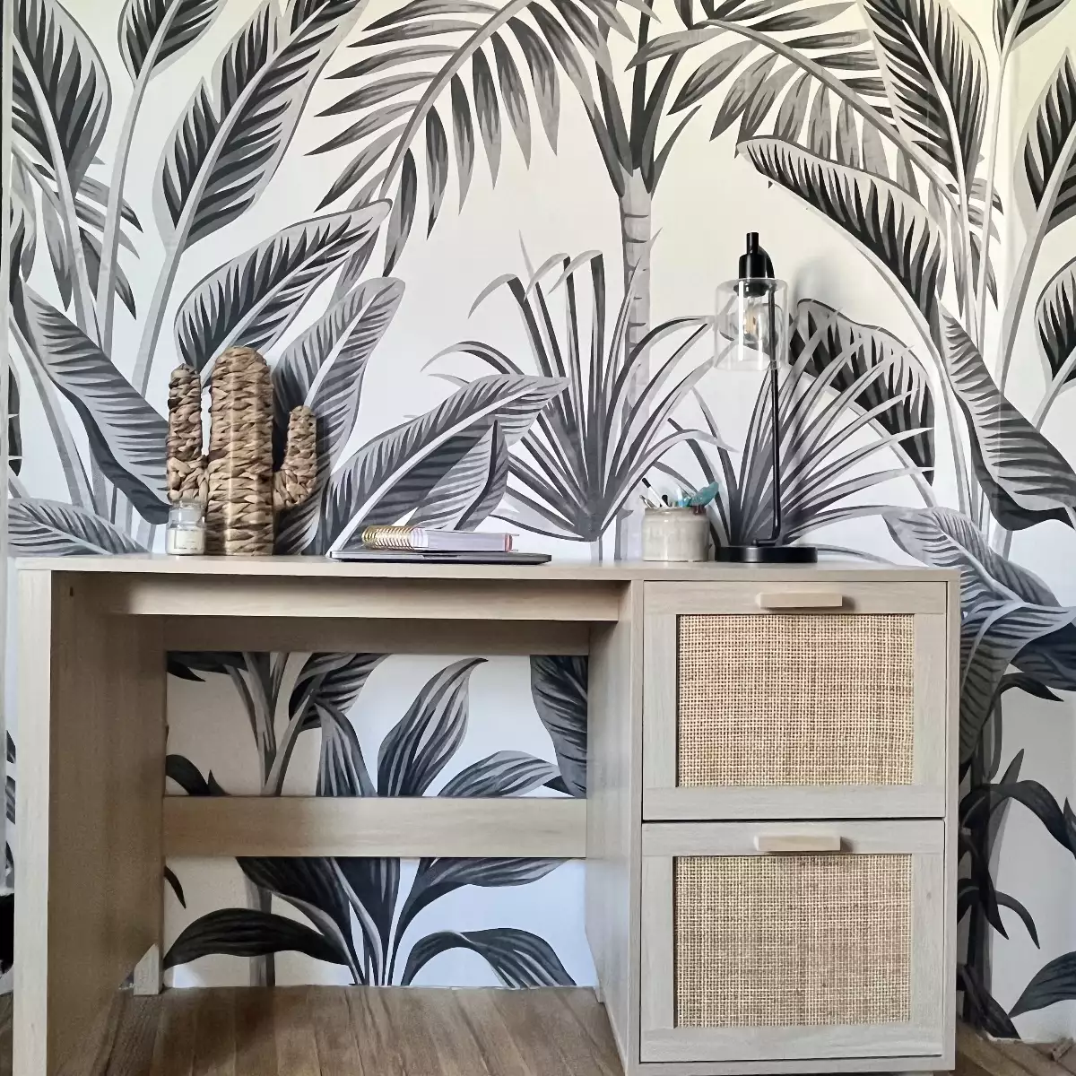 Bureau Rétro Chic de 120cm avec 2 Tiroirs en Cannage