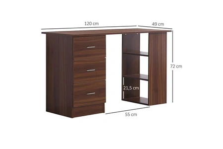 Bureau informatique 3 tiroirs/ 2 étagères MDF aspect noyer