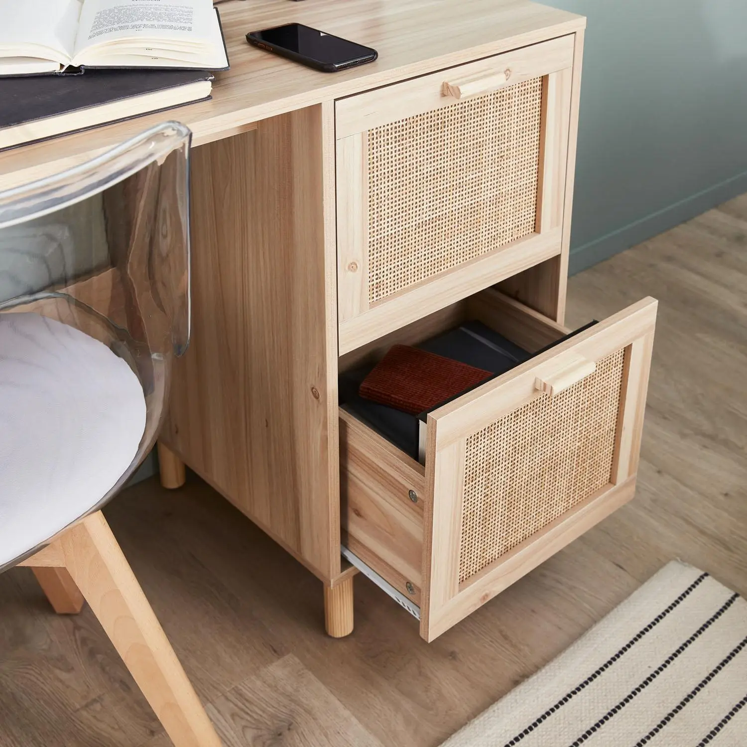 Bureau Rétro Chic de 120cm avec 2 Tiroirs en Cannage