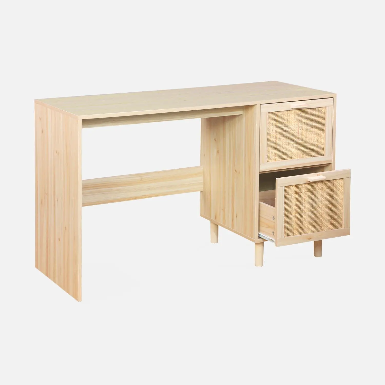 Bureau Rétro Chic de 120cm avec 2 Tiroirs en Cannage