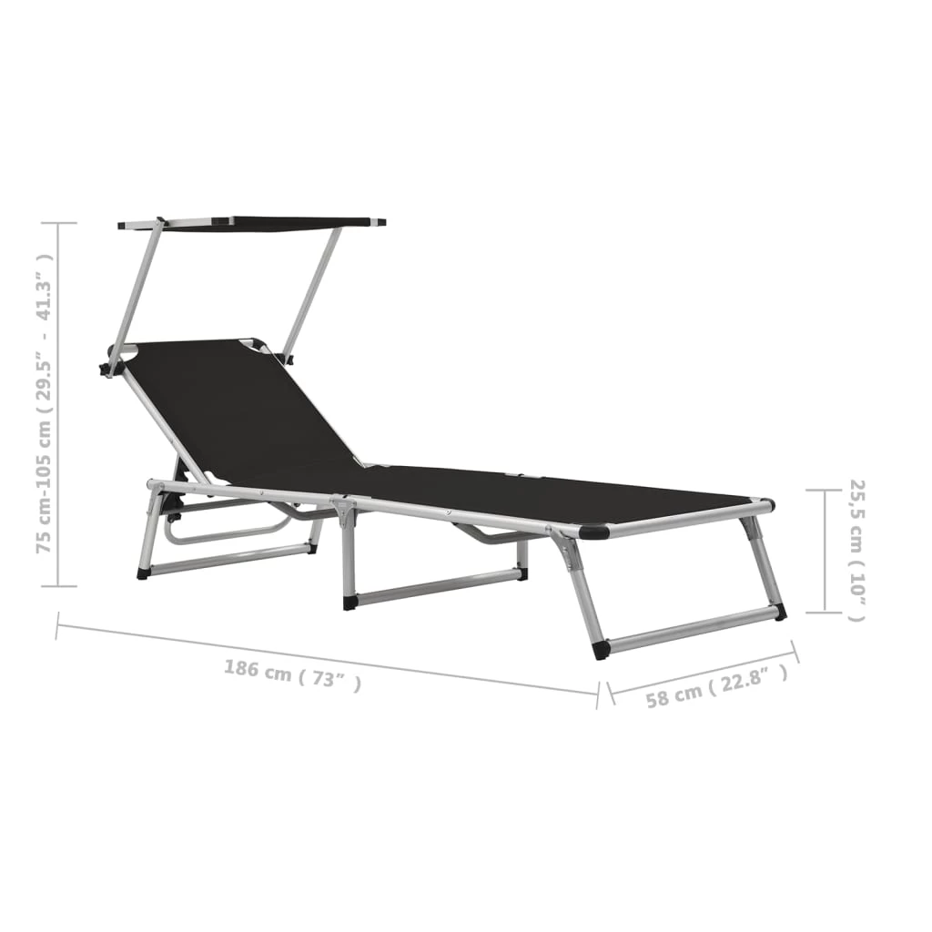 Chaise longue pliante avec toit en aluminium et textile noir
