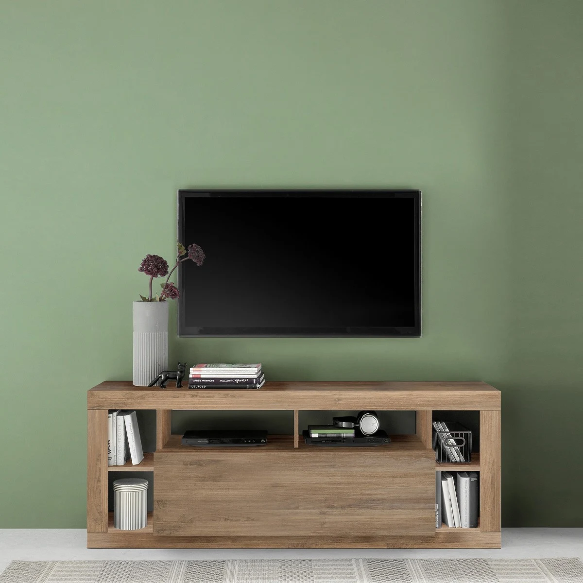 RIMINI - Meuble TV 1 porte effet bois - L172 cm + deux étagères de rangement