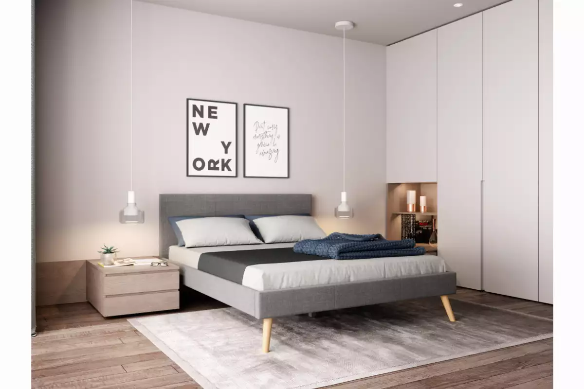 Cadre de lit style scandinave en tissu avec pieds bois - Gris clair - 160x200cm