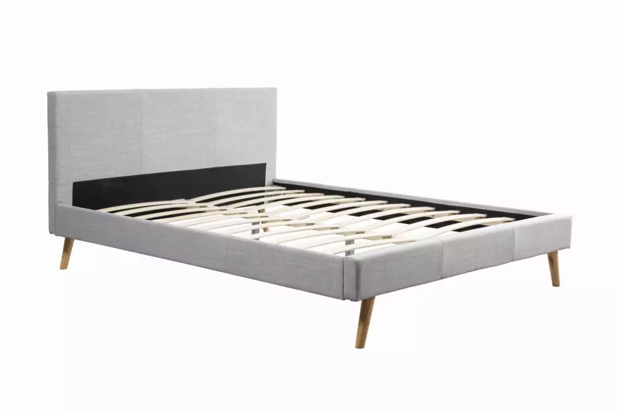 Cadre de lit style scandinave en tissu avec pieds bois - Gris clair - 160x200cm