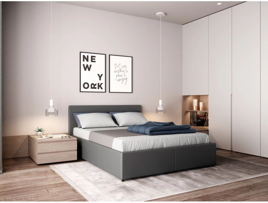 Cadre de lit avec coffre de rangement et tête de lit en simili - Gris - 140x190cm copie