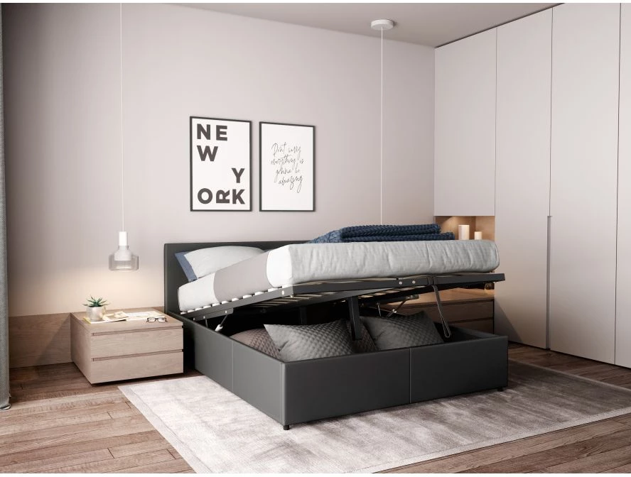 Cadre de lit avec coffre de rangement et tête de lit en simili - Gris - 140x190cm copie
