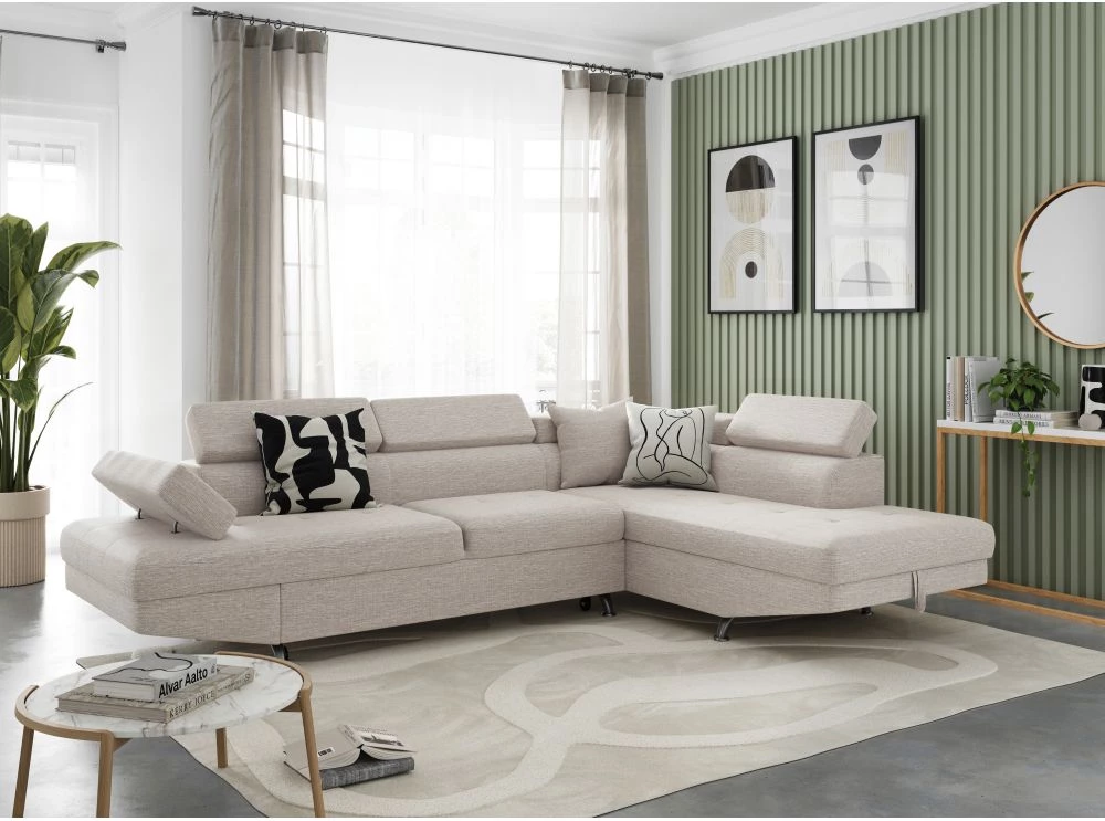 Canapé d'angle droit convertible RIO avec coffre en tissu - Beige - Pieds métal