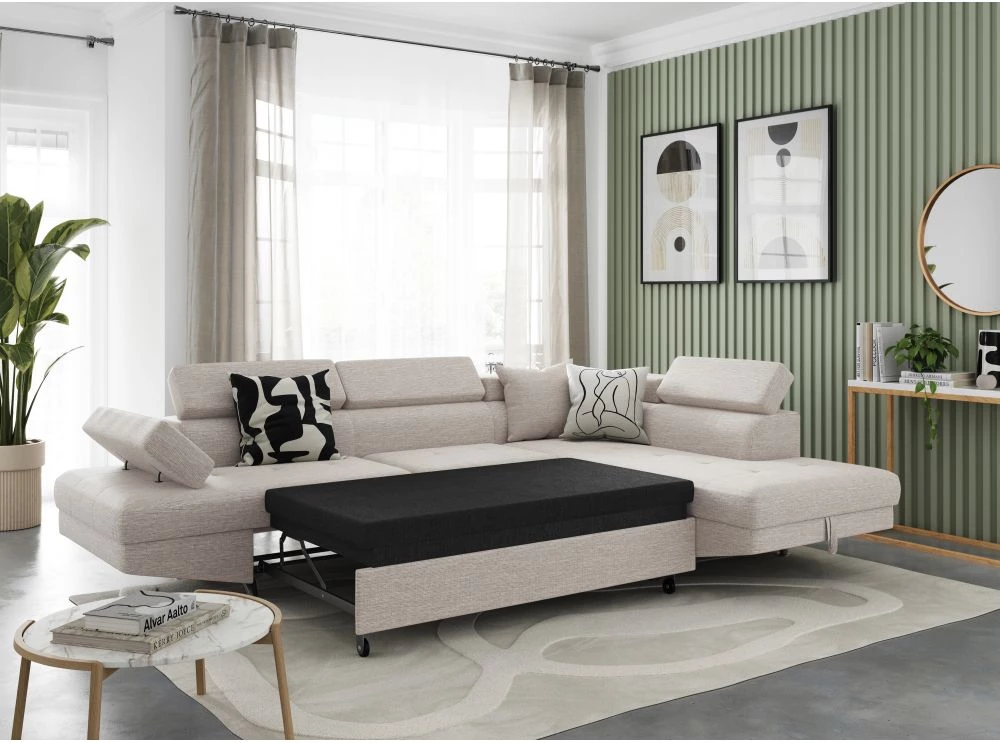Canapé d'angle droit convertible RIO avec coffre en tissu - Beige - Pieds métal