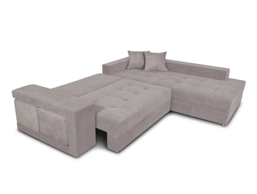 Canapé d'angle TAMIA convertible avec coffre et 2 poufs en tissu - Gris clair - Angle Droit