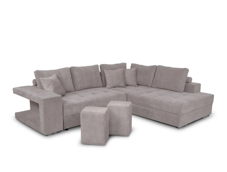 Canapé d'angle TAMIA convertible avec coffre et 2 poufs en tissu - Gris clair - Angle Droit