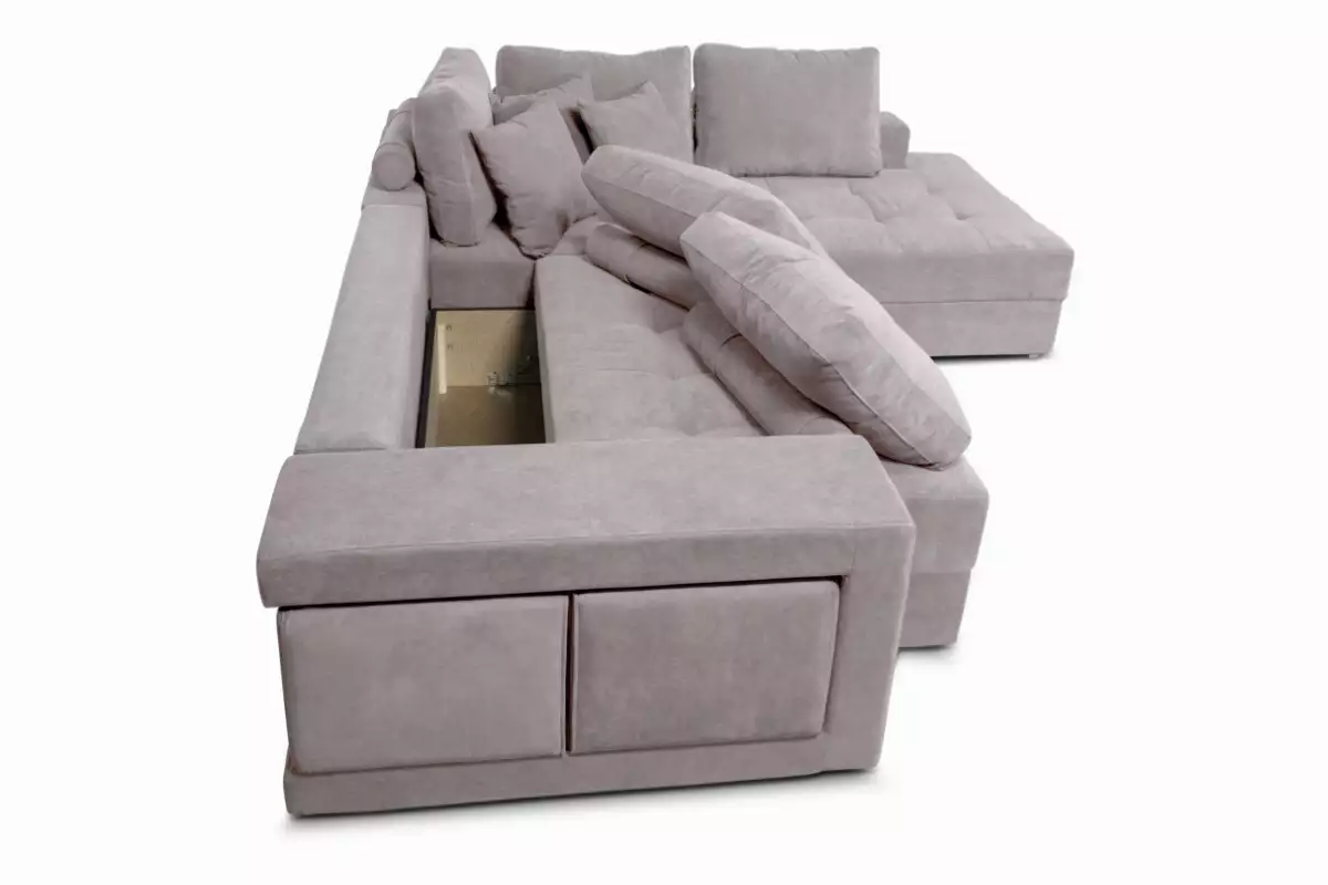 Canapé d'angle TAMIA convertible avec coffre et 2 poufs en tissu - Gris clair - Angle Droit