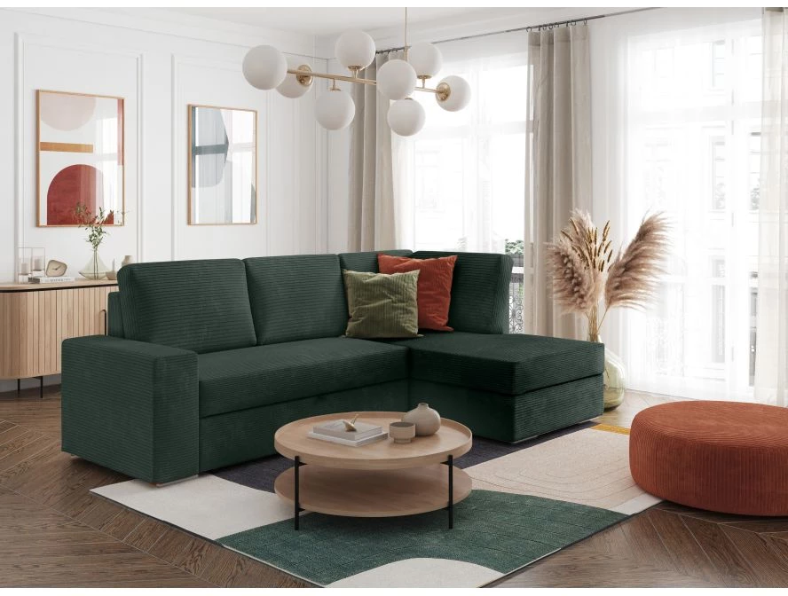 Canapé d'angle convertible avec coffre en velours côtelé - Angle droit - Vert foncé
