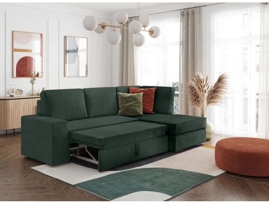 Canapé d'angle convertible avec coffre en velours côtelé - Angle droit - Vert foncé